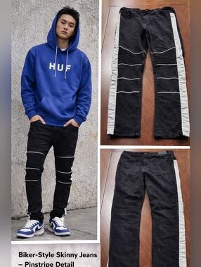 Premiere Denim by rue21 Black Skinny Jeans with White Side Stripe Black Moto